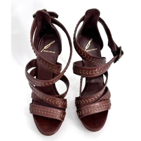Brian Atwood Cordoba Heels Brown Leather Size 6.5 Heel 5" - Picture 1 of 5